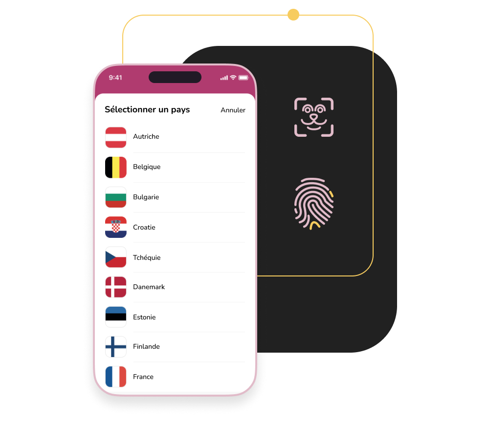 Illustration d'un téléphone portable avec une liste de langues et des symboles biométriques